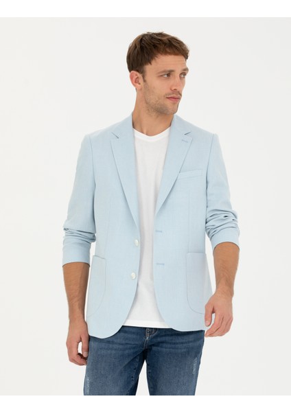 Erkek Açık Mavi Ex. Slim Fit Keten Karışımlı Ceket 50285142-VR095