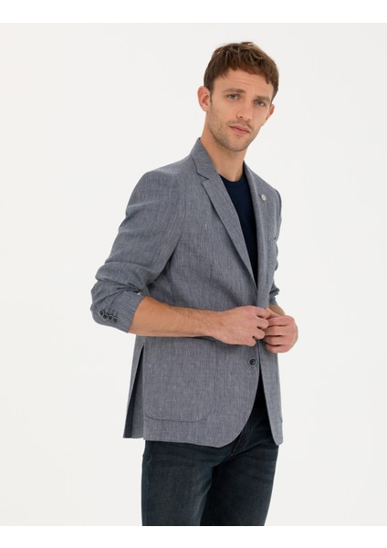 Erkek Lacivert Ex. Slim Fit Keten Karışımlı Ceket 50285142-VR033
