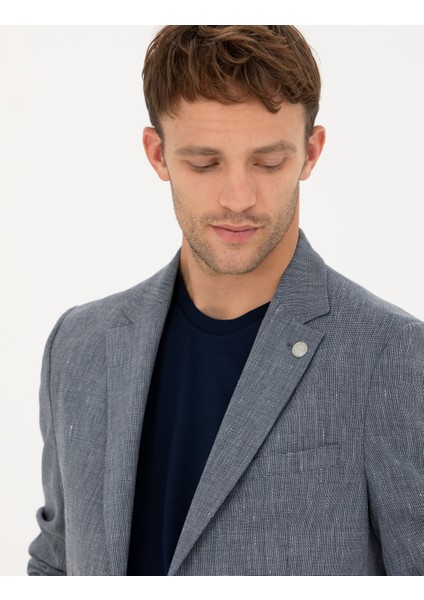 Erkek Lacivert Ex. Slim Fit Keten Karışımlı Ceket 50285142-VR033