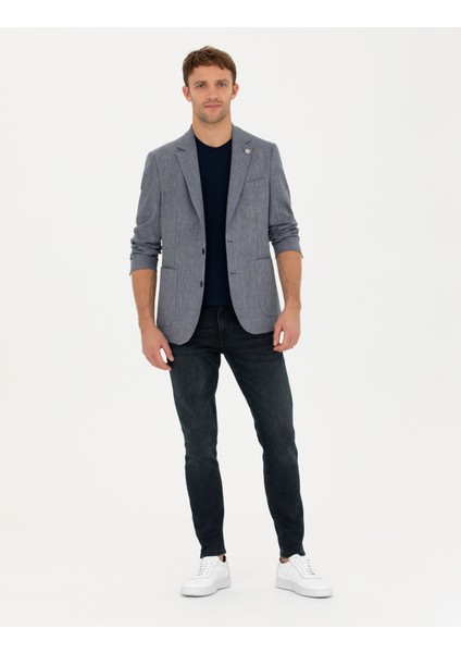 Erkek Lacivert Ex. Slim Fit Keten Karışımlı Ceket 50285142-VR033