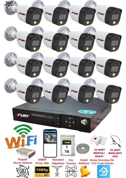 16 Kameralı Gece Renkli 1080P 2Mp Görüntü Full Hd Ultra Led Gece Renkli Güvenlik Kamerası Seti 1 TB