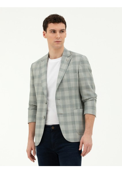 Erkek Açık Yeşil Slim Fit %100 Yün Ekose Ceket 50284963-VR092
