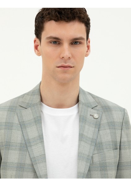Erkek Açık Yeşil Slim Fit %100 Yün Ekose Ceket 50284963-VR092