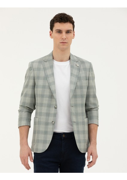 Erkek Açık Yeşil Slim Fit %100 Yün Ekose Ceket 50284963-VR092