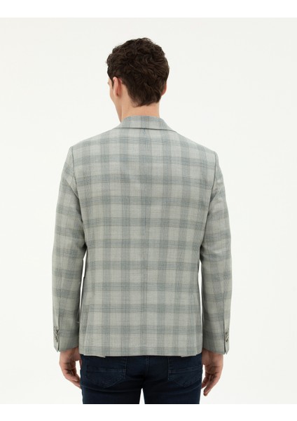 Erkek Açık Yeşil Slim Fit %100 Yün Ekose Ceket 50284963-VR092
