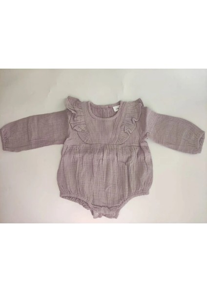 Kız Bebek %100 Pamuk Müslin Kumaş Uzun Kollu Mor Bodysuit-Zıbın