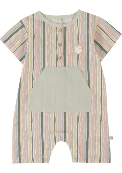Kısa Kollu Bebek Şort Tulum Yeşil Çizgili Desenli Organik Pamuk