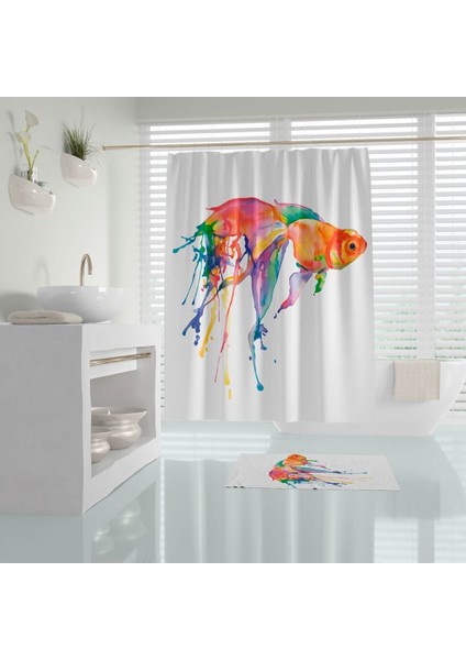 Goldfish Banyo Paspası, Püsküllü Banyo Paspas Takımı, Renkli Balık Desen Banyo Perdesi ve Paspası