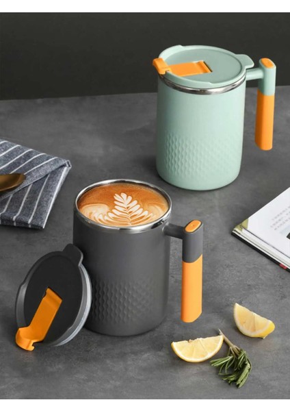 Paslanmaz Çelik Kahve Fincanı Kapaklı Kupa Kahve Kupa Çift Duvar Saplı Isıya Dayanıklı Drinkware (Yurt Dışından)