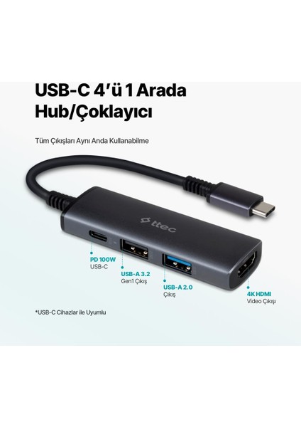 4in1 100W Type C Çoğaltıcı Çevirici Hub, 2x Usb, 1x Pd Type C ve 1x 4K Hdmi Girişli Çoğaltıcı Adaptör