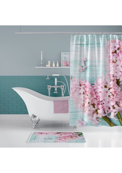 Tropik Home Lila Banyo Paspas Seti, 50X80 Püsküllü Paspas ve 180X200 cm Banyo Perdesi Takımı, Klozet Takımı