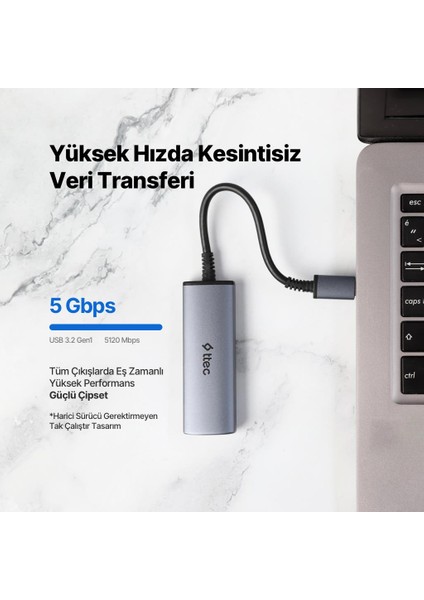 4in1 100W Type C Çoğaltıcı Çevirici Hub, 2x Usb, 1x Pd Type C ve 1x 4K Hdmi Girişli Çoğaltıcı Adaptör