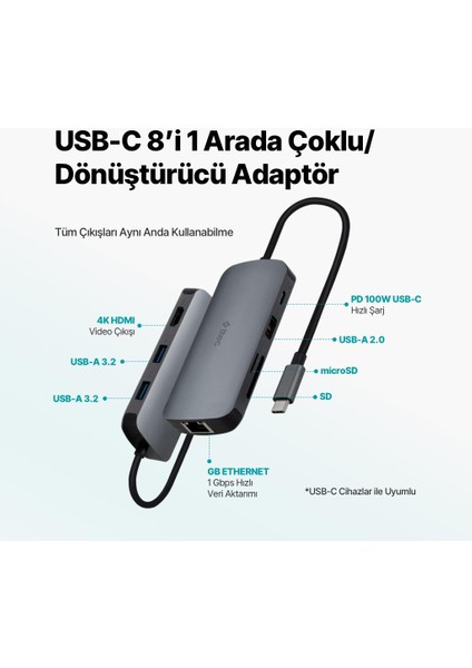8in1 100W Type C Çoğaltıcı Hub, 3x Usb, 1x Pd Type C, 1x Tf/sd, 1x 4K Hdmi, 1x RJ45 Çevirici Adaptör