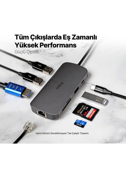 8in1 100W Type C Çoğaltıcı Hub, 3x Usb, 1x Pd Type C, 1x Tf/sd, 1x 4K Hdmi, 1x RJ45 Çevirici Adaptör