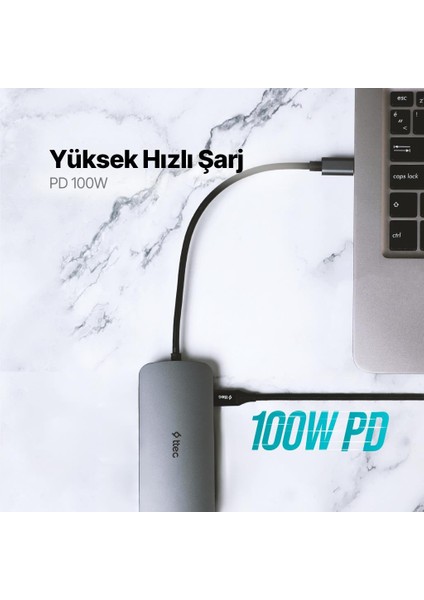 8in1 100W Type C Çoğaltıcı Hub, 3x Usb, 1x Pd Type C, 1x Tf/sd, 1x 4K Hdmi, 1x RJ45 Çevirici Adaptör