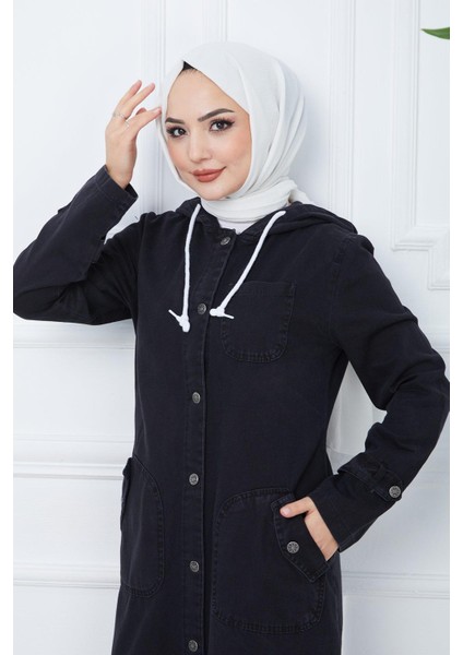 Kapşonlu Kot Kap Siyah HM2344