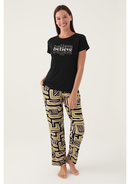Believe Siyah Kadın Kısa Kol Pijama Takımı