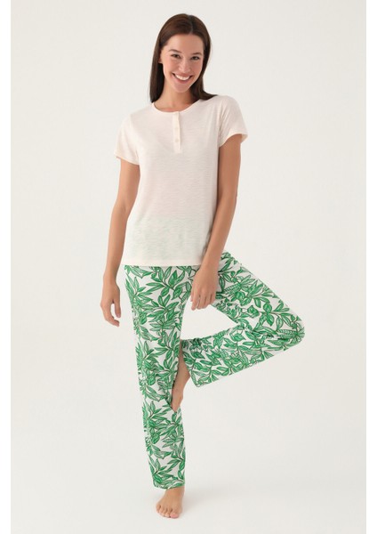 Palm Bej Kadın Kısa Kol Pijama Takımı