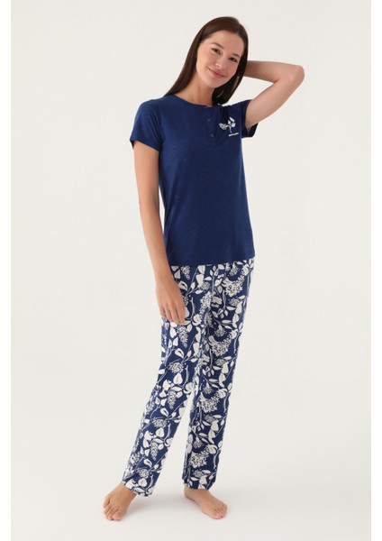Branch Lacivert Kadın Kısa Kol Pijama Takımı modelleri
