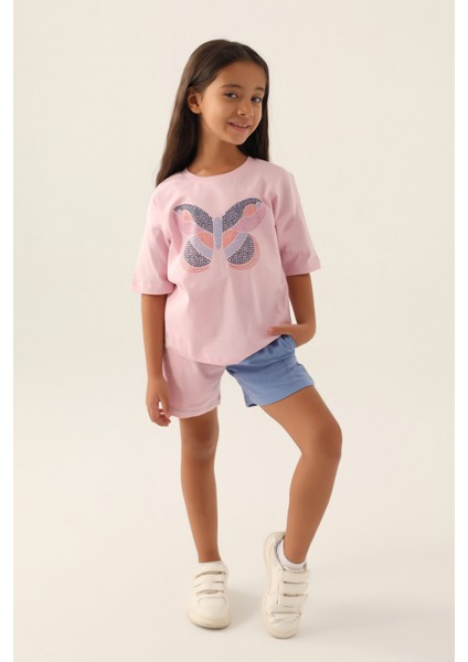 Colour Butterfly Toz Pembe Kız Çocuk Şort Takım
