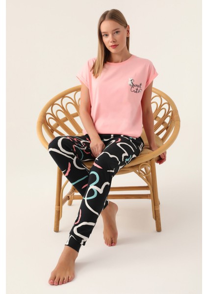 Cute Somon Kadın Kısa Kol Pijama Takımı modelleri
