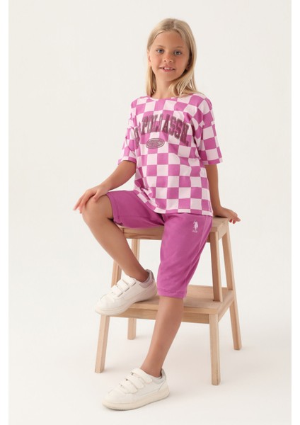 Lisanslı Plaid Mor Kız Çocuk Kapri Takım