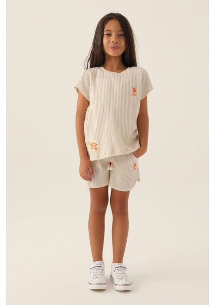 Lisanslı Thick Bej Kız Çocuk Şort Takım