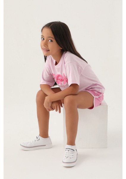 Lisanslı Oversized Mor Kız Çocuk Şort Takım modelleri