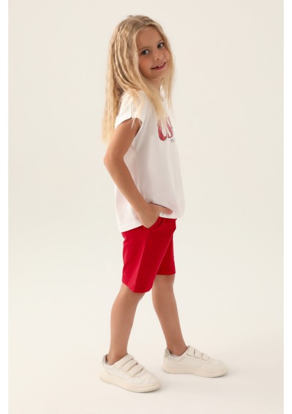 Lisanslı Flower Written Kırmızı Kız Çocuk Bermuda Takım modelleri