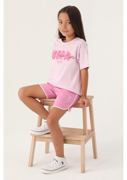 Lisanslı Oversized Mor Kız Çocuk Şort Takım