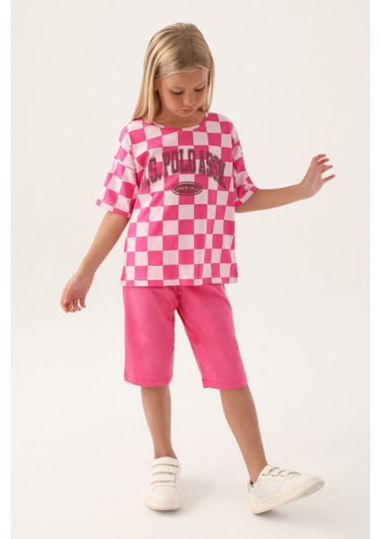 Lisanslı Plaid Toz Pembe Kız Çocuk Kapri Takım