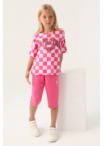 Lisanslı Plaid Toz Pembe Kız Çocuk Kapri Takım