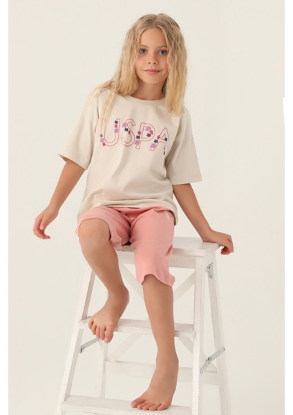 Lisanslı Flower Printed Bej Kız Çocuk Kapri Takım
