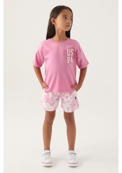Lisanslı Heart Printed Pembe Kız Çocuk Şort Takım