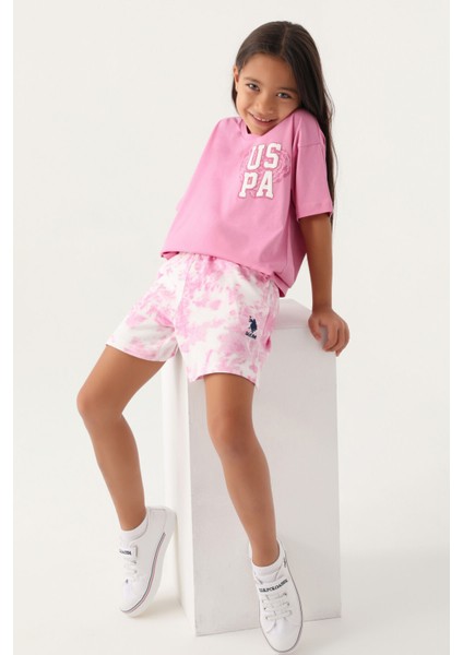 Lisanslı Heart Printed Pembe Kız Çocuk Şort Takım