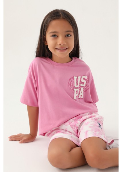 Lisanslı Heart Printed Pembe Kız Çocuk Şort Takım