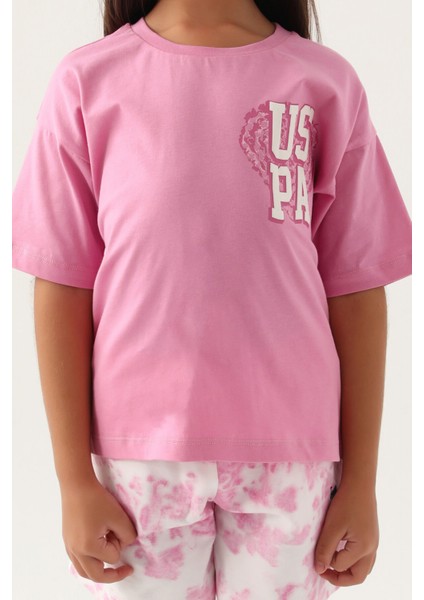 Lisanslı Heart Printed Pembe Kız Çocuk Şort Takım