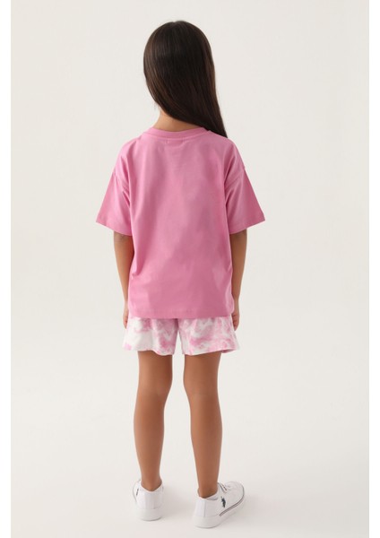 Lisanslı Heart Printed Pembe Kız Çocuk Şort Takım