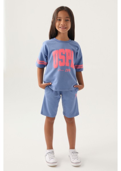 Lisanslı Sleeve Detail Açık Indigo Kız Çocuk Bermuda Takım