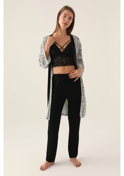 Set Krem Kadın 3lü Kısa Kol Kısa Kol Pijama Takımı