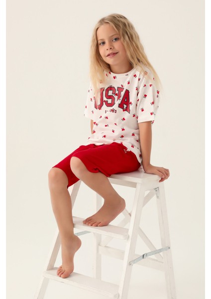 Lisanslı Heart Pattern Kırmızı Kız Çocuk Kapri Takım fiyatları