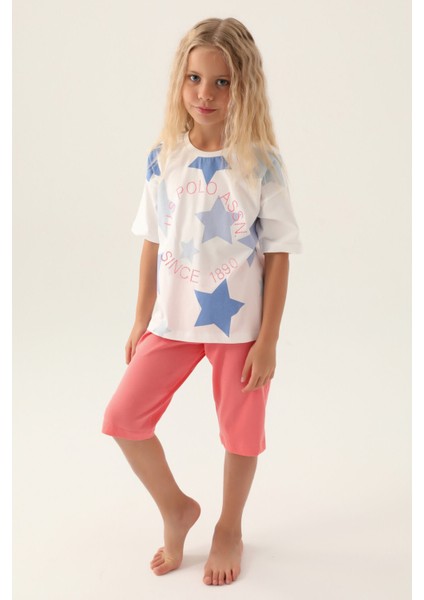 Lisanslı Star Printed Krem Kız Çocuk Kapri Takım