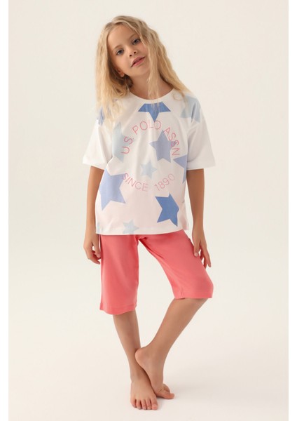 Lisanslı Star Printed Krem Kız Çocuk Kapri Takım modelleri