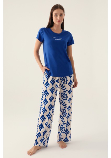 Moment Mavi Kadın Kısa Kol Pijama Takımı