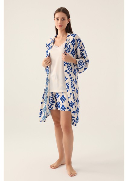 Dressing Gown Bej Kadın 3lü Kısa Kol Kısa Kol Pijama Takımı