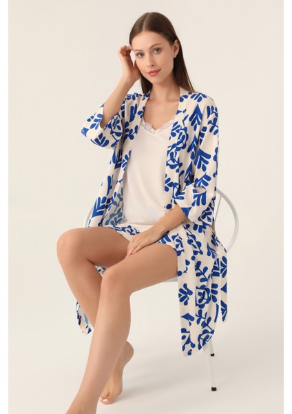 Dressing Gown Bej Kadın 3lü Kısa Kol Kısa Kol Pijama Takımı modelleri