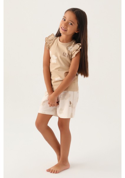 Lisanslı Frilly Bej Kız Çocuk Şort Takım modelleri
