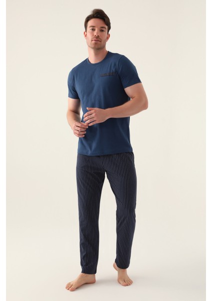 Detail Koyu Indigo Erkek Pijama Takımı