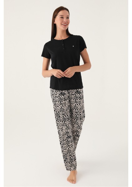 Buttoned Siyah Kadın Kısa Kol Pijama Takımı fiyatları