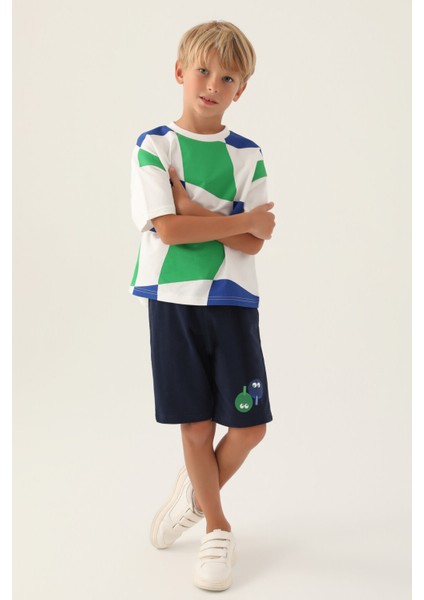 Geometic Krem Erkek Çocuk Bermuda Takım